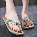 Women Summer Floral Flip Flops Beach Sandals Thongs Slippers Hemp Rope Travel Flip-Flops Unisex Home Slippers Flax Women House Slipper Open-Toe Breathable Slippers Stevvex