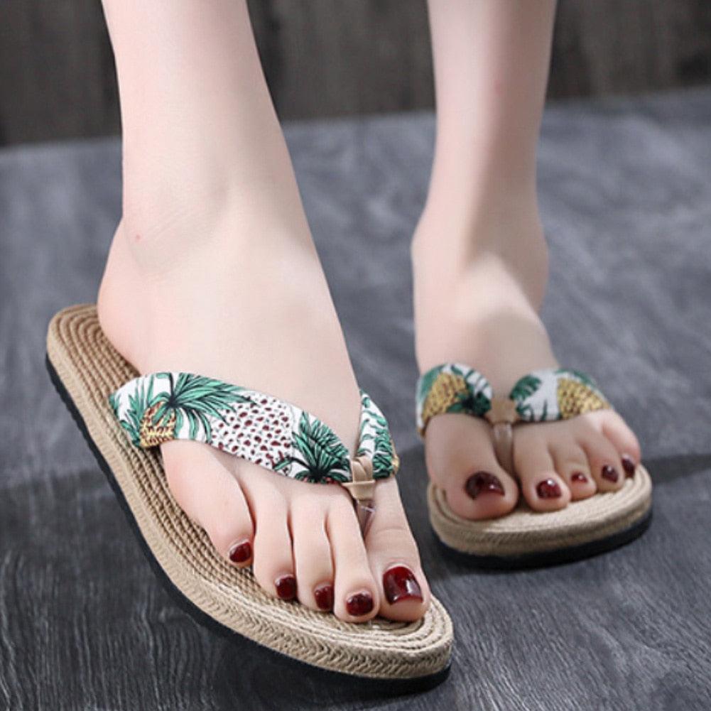 Women Summer Floral Flip Flops Beach Sandals Thongs Slippers Hemp Rope Travel Flip-Flops Unisex Home Slippers Flax Women House Slipper Open-Toe Breathable Slippers Stevvex