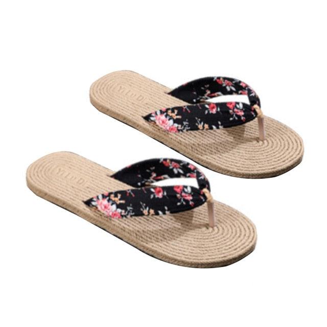 Women Summer Floral Flip Flops Beach Sandals Thongs Slippers Hemp Rope Travel Flip-Flops Unisex Home Slippers Flax Women House Slipper Open-Toe Breathable Slippers Stevvex