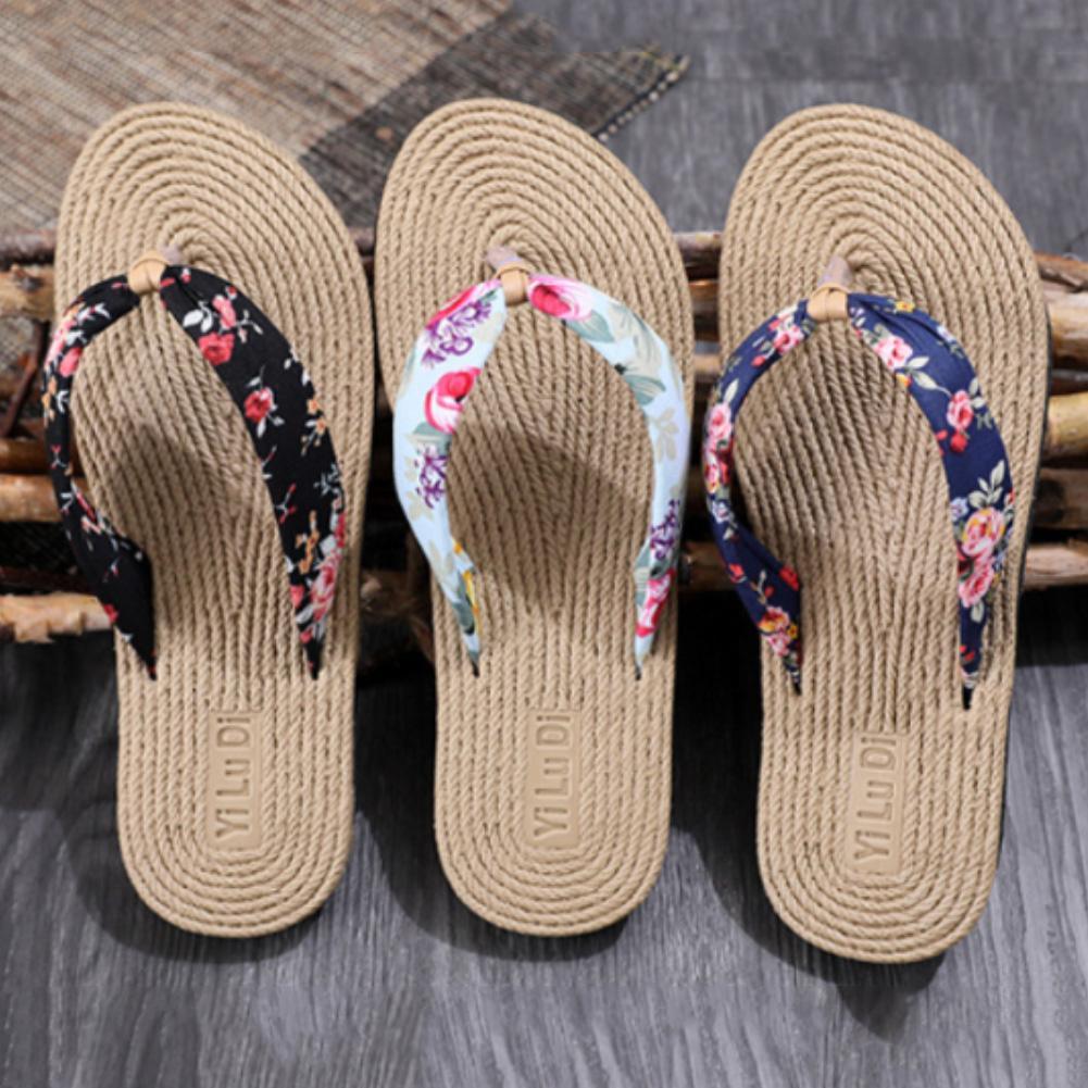 Women Summer Floral Flip Flops Beach Sandals Thongs Slippers Hemp Rope Travel Flip-Flops Unisex Home Slippers Flax Women House Slipper Open-Toe Breathable Slippers Stevvex