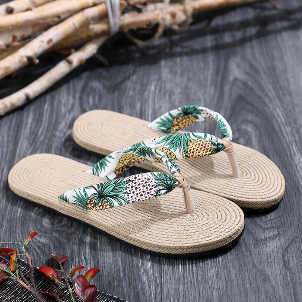 Women Summer Floral Flip Flops Beach Sandals Thongs Slippers Hemp Rope Travel Flip-Flops Unisex Home Slippers Flax Women House Slipper Open-Toe Breathable Slippers Stevvex