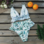 Women Summer High Waist Ruffle Bikini Set Swimwear Women Lady Floral Female Push Up Swimsuit Summer Beach Wear Bikini Pure Color Bikini Charming Ruffled Bra And Bottom Swimsuits