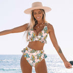 Women Summer High Waist Ruffle Bikini Set Swimwear Women Lady Floral Female Push Up Swimsuit Summer Beach Wear Bikini Pure Color Bikini Charming Ruffled Bra And Bottom Swimsuits
