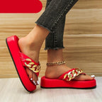 Women Summer Newest Fashion Chain Flip-flops Sandal Slippers Shoes Woman Flat Platform Sandals Casual Flat Slippers Slides Shoes Flat Sandals Casual Summer Shoes Stevvex
