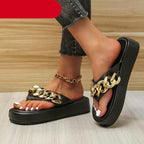 Women Summer Newest Fashion Chain Flip-flops Sandal Slippers Shoes Woman Flat Platform Sandals Casual Flat Slippers Slides Shoes Flat Sandals Casual Summer Shoes Stevvex