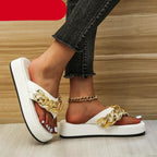 Women Summer Newest Fashion Chain Flip-flops Sandal Slippers Shoes Woman Flat Platform Sandals Casual Flat Slippers Slides Shoes Flat Sandals Casual Summer Shoes Stevvex