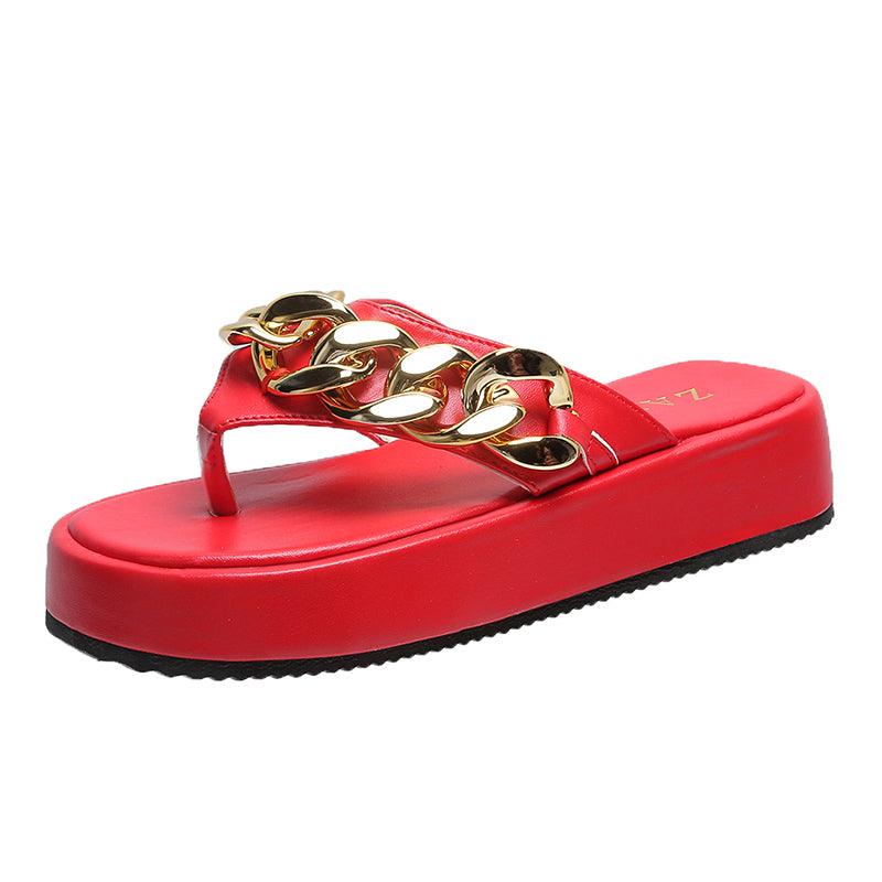 Women Summer Newest Fashion Chain Flip-flops Sandal Slippers Shoes Woman Flat Platform Sandals Casual Flat Slippers Slides Shoes Flat Sandals Casual Summer Shoes Stevvex