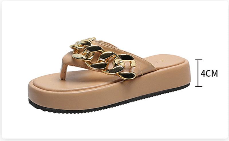 Women Summer Newest Fashion Chain Flip-flops Sandal Slippers Shoes Woman Flat Platform Sandals Casual Flat Slippers Slides Shoes Flat Sandals Casual Summer Shoes Stevvex