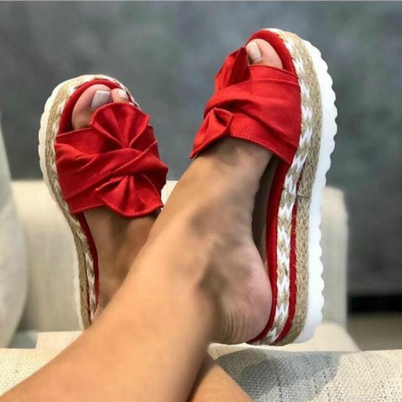 Women Summer Platform Mid Heels Bow Tie Open Toe Fashion Slides Beach Outdoor Shoes Knotted Bow Flat Footbed Sandals For Ladies Open Toe Casual Summer Slide Sandals Stevvex