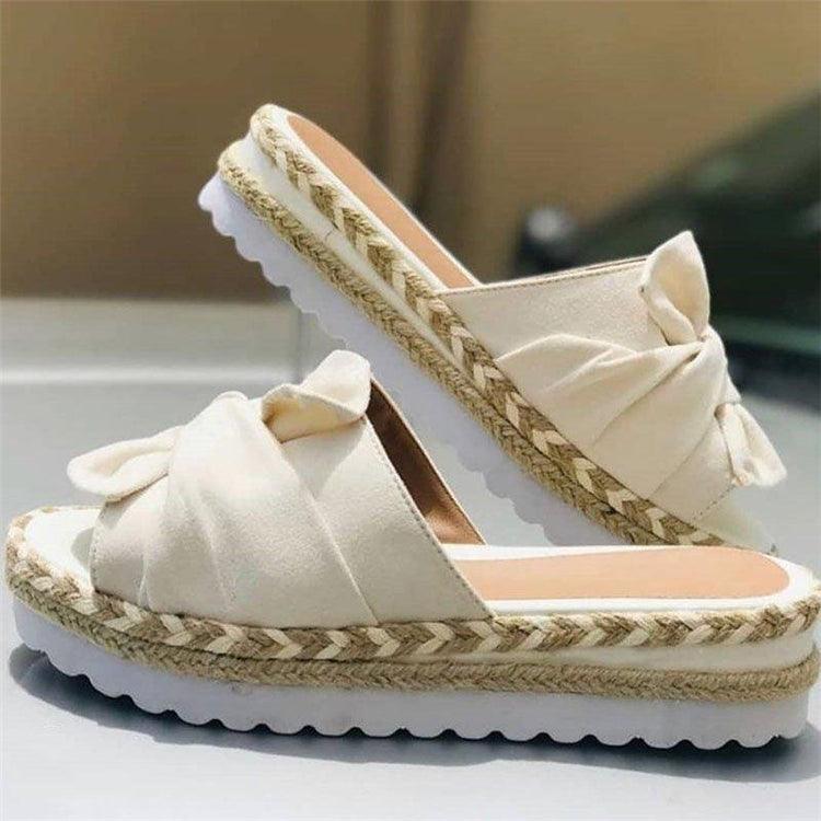 Women Summer Platform Mid Heels Bow Tie Open Toe Fashion Slides Beach Outdoor Shoes Knotted Bow Flat Footbed Sandals For Ladies Open Toe Casual Summer Slide Sandals Stevvex