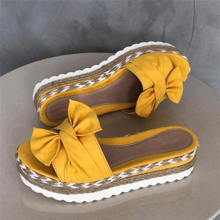 Women Summer Platform Mid Heels Bow Tie Open Toe Fashion Slides Beach Outdoor Shoes Knotted Bow Flat Footbed Sandals For Ladies Open Toe Casual Summer Slide Sandals Stevvex