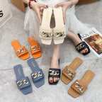 Women Summer Slipper Square Toe Chain Slippers Slip On Flat Slide Sandals Beach Flip Flops Casual Shoes Woman Heel Shoes Open Toe Slip On Dress Backless Heels Slides Slippers Stevvex