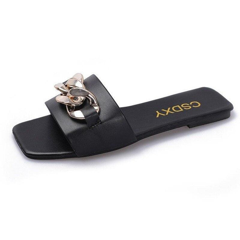 Women Summer Slipper Square Toe Chain Slippers Slip On Flat Slide Sandals Beach Flip Flops Casual Shoes Woman Heel Shoes Open Toe Slip On Dress Backless Heels Slides Slippers Stevvex
