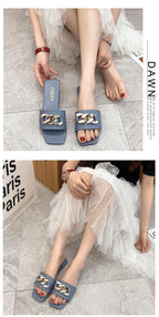 Women Summer Slipper Square Toe Chain Slippers Slip On Flat Slide Sandals Beach Flip Flops Casual Shoes Woman Heel Shoes Open Toe Slip On Dress Backless Heels Slides Slippers Stevvex
