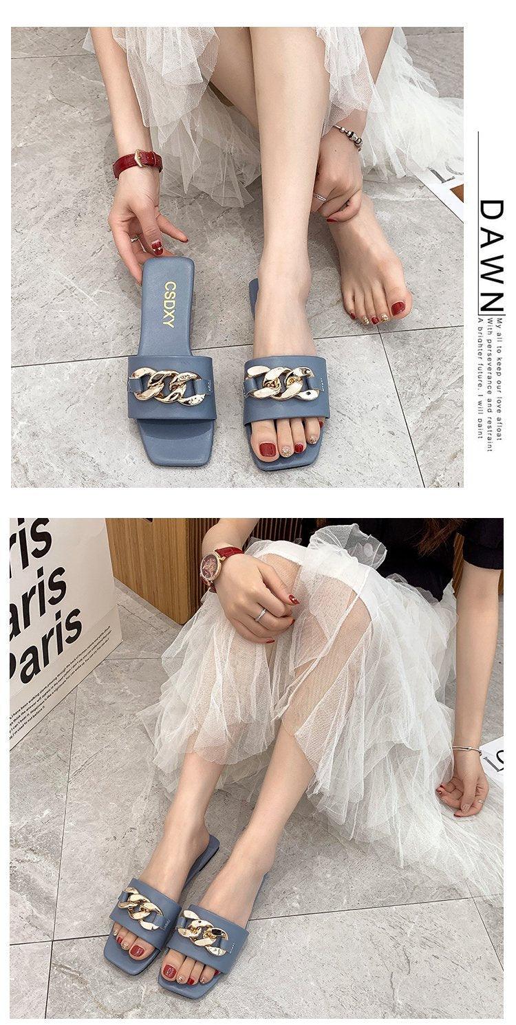 Women Summer Slipper Square Toe Chain Slippers Slip On Flat Slide Sandals Beach Flip Flops Casual Shoes Woman Heel Shoes Open Toe Slip On Dress Backless Heels Slides Slippers Stevvex