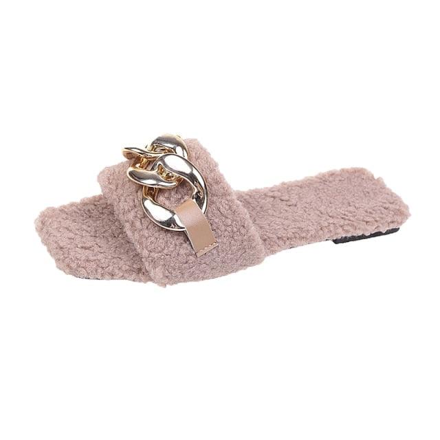 Women Summer Slipper Square Toe Chain Slippers Slip On Flat Slide Sandals Beach Flip Flops Casual Shoes Woman Heel Shoes Open Toe Slip On Dress Backless Heels Slides Slippers Stevvex
