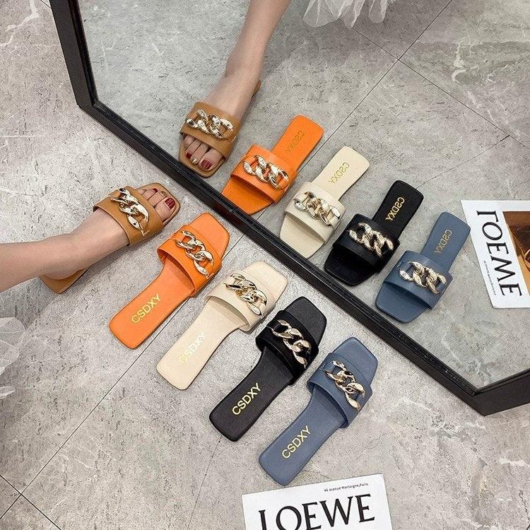 Women Summer Slipper Square Toe Chain Slippers Slip On Flat Slide Sandals Beach Flip Flops Casual Shoes Woman Heel Shoes Open Toe Slip On Dress Backless Heels Slides Slippers Stevvex