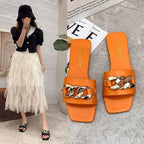 Women Summer Slipper Square Toe Chain Slippers Slip On Flat Slide Sandals Beach Flip Flops Casual Shoes Woman Heel Shoes Open Toe Slip On Dress Backless Heels Slides Slippers Stevvex