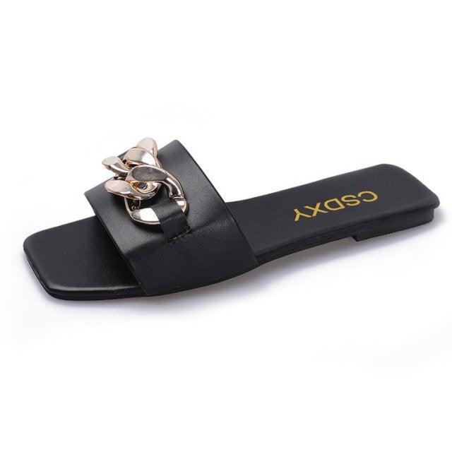 Women Summer Slipper Square Toe Chain Slippers Slip On Flat Slide Sandals Beach Flip Flops Casual Shoes Woman Heel Shoes Open Toe Slip On Dress Backless Heels Slides Slippers Stevvex