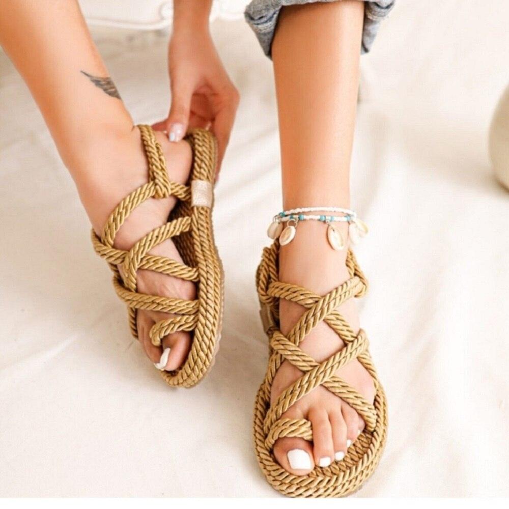 Women Summer Straw Rope Mesh Sandals Cross Tied Flat Sea Beach Casual Light Multi Elegant Design Flip Flop Trend Fashion High Quality Handmade Natural Comfortable Walking Sandals With Arch Support For Women Stevvex