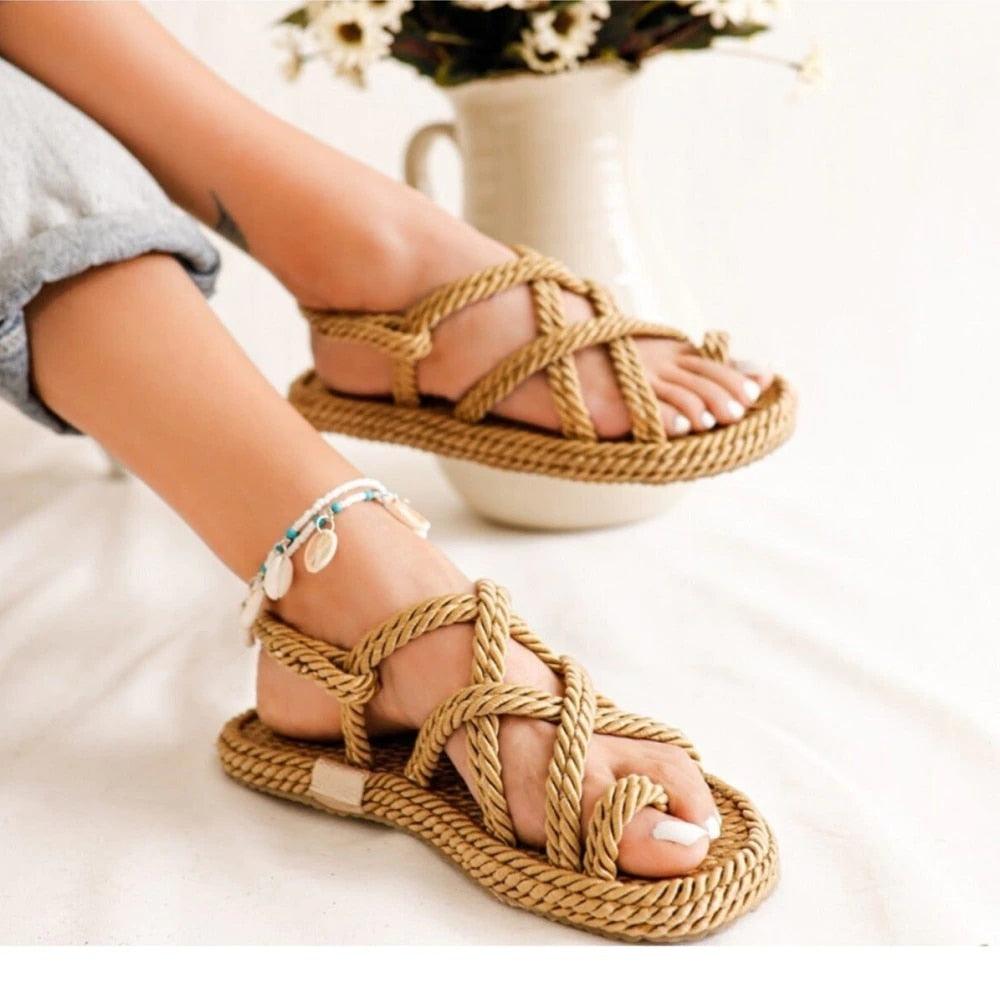 Women Summer Straw Rope Mesh Sandals Cross Tied Flat Sea Beach Casual Light Multi Elegant Design Flip Flop Trend Fashion High Quality Handmade Natural Comfortable Walking Sandals With Arch Support For Women Stevvex