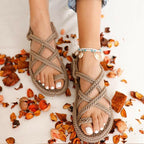 Women Summer Straw Rope Mesh Sandals Cross Tied Flat Sea Beach Casual Light Multi Elegant Design Flip Flop Trend Fashion High Quality Handmade Natural Comfortable Walking Sandals With Arch Support For Women Stevvex