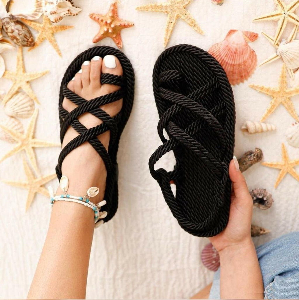 Women Summer Straw Rope Mesh Sandals Cross Tied Flat Sea Beach Casual Light Multi Elegant Design Flip Flop Trend Fashion High Quality Handmade Natural Comfortable Walking Sandals With Arch Support For Women Stevvex