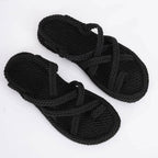 Women Summer Straw Rope Mesh Sandals Cross Tied Flat Sea Beach Casual Light Multi Elegant Design Flip Flop Trend Fashion High Quality Handmade Natural Comfortable Walking Sandals With Arch Support For Women Stevvex