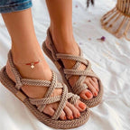 Women Summer Straw Rope Mesh Sandals Cross Tied Flat Sea Beach Casual Light Multi Elegant Design Flip Flop Trend Fashion High Quality Handmade Natural Comfortable Walking Sandals With Arch Support For Women Stevvex
