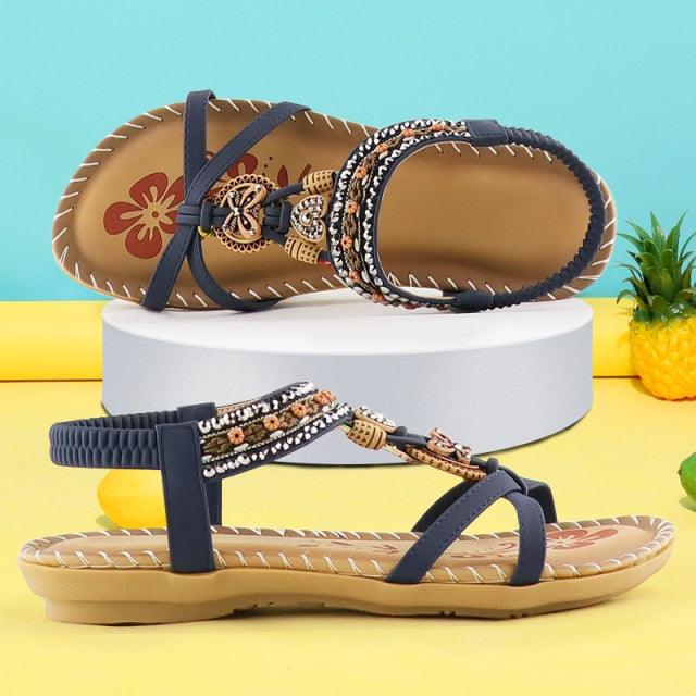 Women Summer Vintage Shoes Sandals Butterfly-knot Rhinestone Slides Elastic Band Sandal Comfort Flats Sandals With Elastic Ankle Strap Casual Rhinestone Shoes Beach Slip On Sandals Stevvex