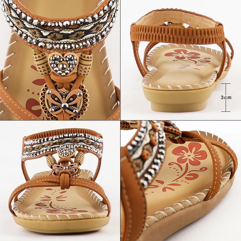 Women Summer Vintage Shoes Sandals Butterfly-knot Rhinestone Slides Elastic Band Sandal Comfort Flats Sandals With Elastic Ankle Strap Casual Rhinestone Shoes Beach Slip On Sandals Stevvex