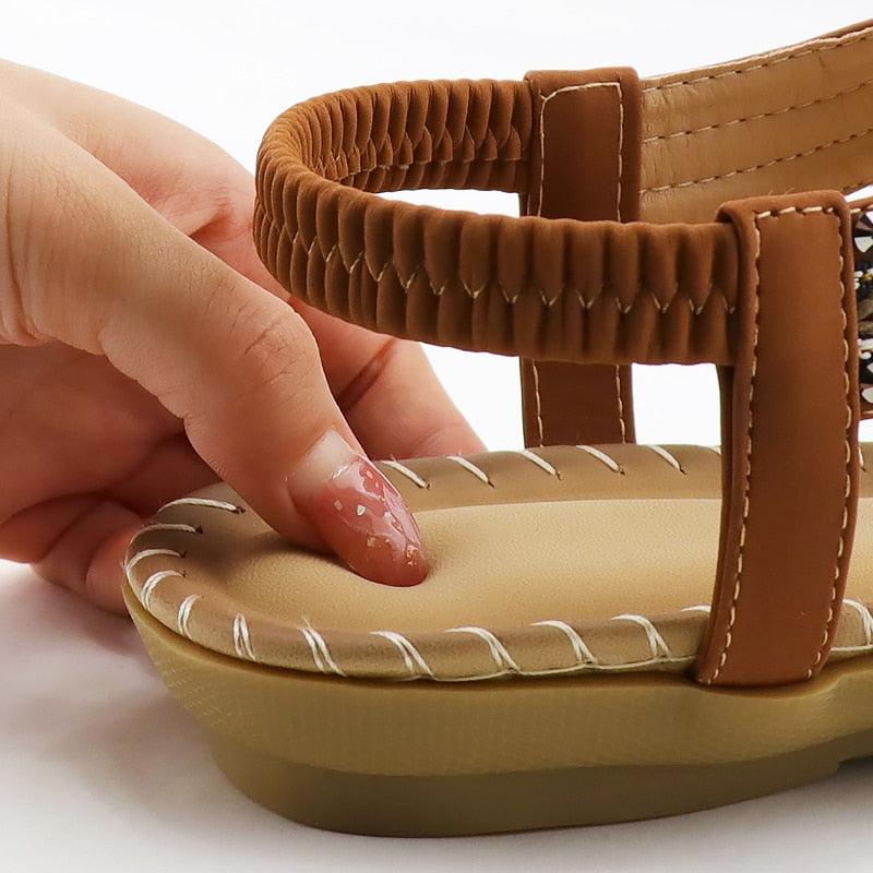 Women Summer Vintage Shoes Sandals Butterfly-knot Rhinestone Slides Elastic Band Sandal Comfort Flats Sandals With Elastic Ankle Strap Casual Rhinestone Shoes Beach Slip On Sandals Stevvex