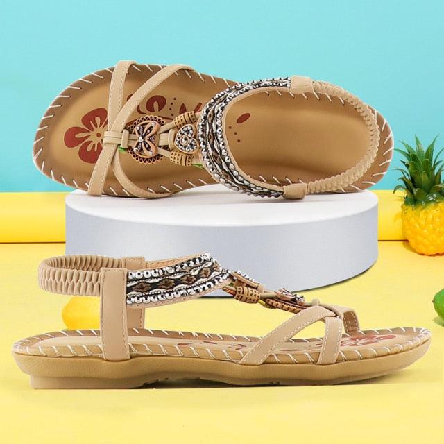 Women Summer Vintage Shoes Sandals Butterfly-knot Rhinestone Slides Elastic Band Sandal Comfort Flats Sandals With Elastic Ankle Strap Casual Rhinestone Shoes Beach Slip On Sandals Stevvex