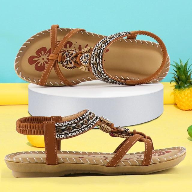 Women Summer Vintage Shoes Sandals Butterfly-knot Rhinestone Slides Elastic Band Sandal Comfort Flats Sandals With Elastic Ankle Strap Casual Rhinestone Shoes Beach Slip On Sandals Stevvex