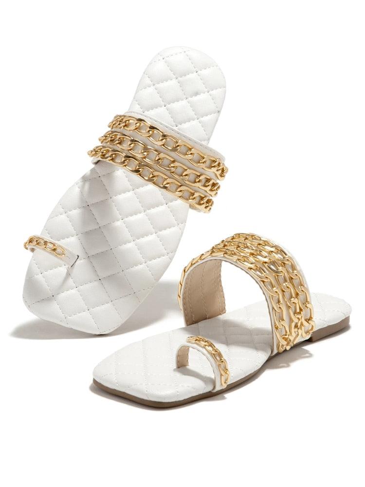 Women Summer Weave Slides Chain Decorative Flip Flops Outdoor Casual Sandals Square Heel Slippers Metal Chain Elastic Slingback Cute Flat Dressy Casual Summer Beach Sandals Stevvex
