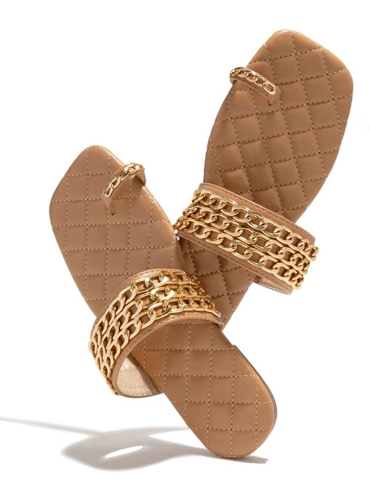 Women Summer Weave Slides Chain Decorative Flip Flops Outdoor Casual Sandals Square Heel Slippers Metal Chain Elastic Slingback Cute Flat Dressy Casual Summer Beach Sandals Stevvex