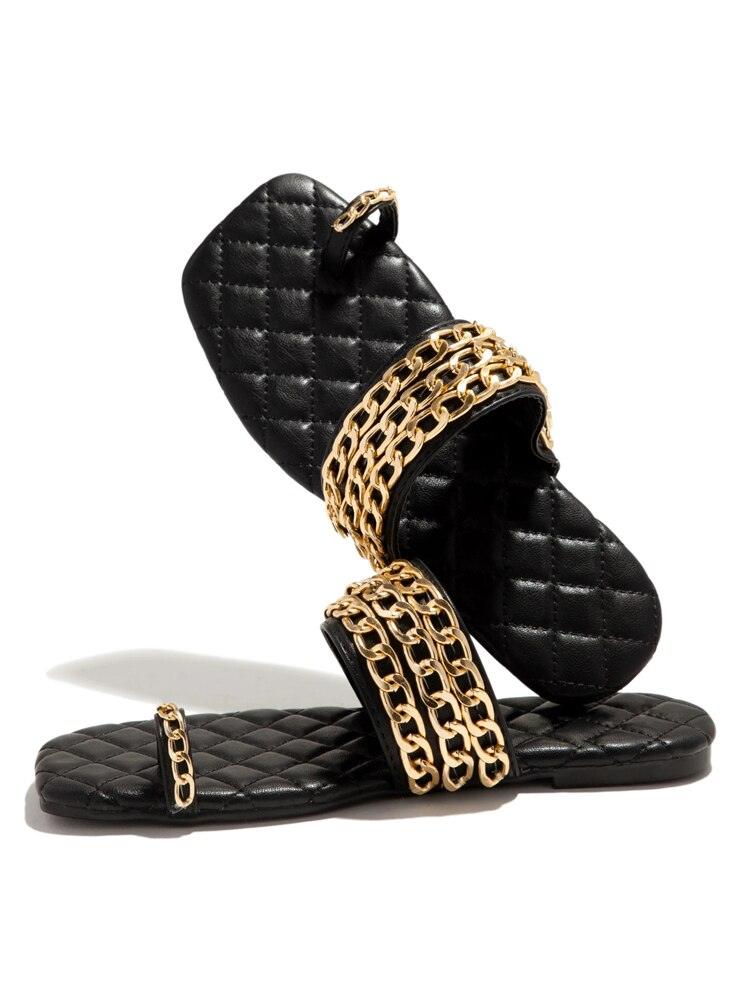 Women Summer Weave Slides Chain Decorative Flip Flops Outdoor Casual Sandals Square Heel Slippers Metal Chain Elastic Slingback Cute Flat Dressy Casual Summer Beach Sandals Stevvex