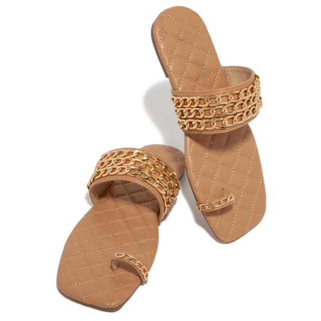 Women Summer Weave Slides Chain Decorative Flip Flops Outdoor Casual Sandals Square Heel Slippers Metal Chain Elastic Slingback Cute Flat Dressy Casual Summer Beach Sandals Stevvex