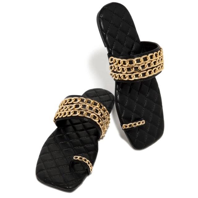 Women Summer Weave Slides Chain Decorative Flip Flops Outdoor Casual Sandals Square Heel Slippers Metal Chain Elastic Slingback Cute Flat Dressy Casual Summer Beach Sandals Stevvex