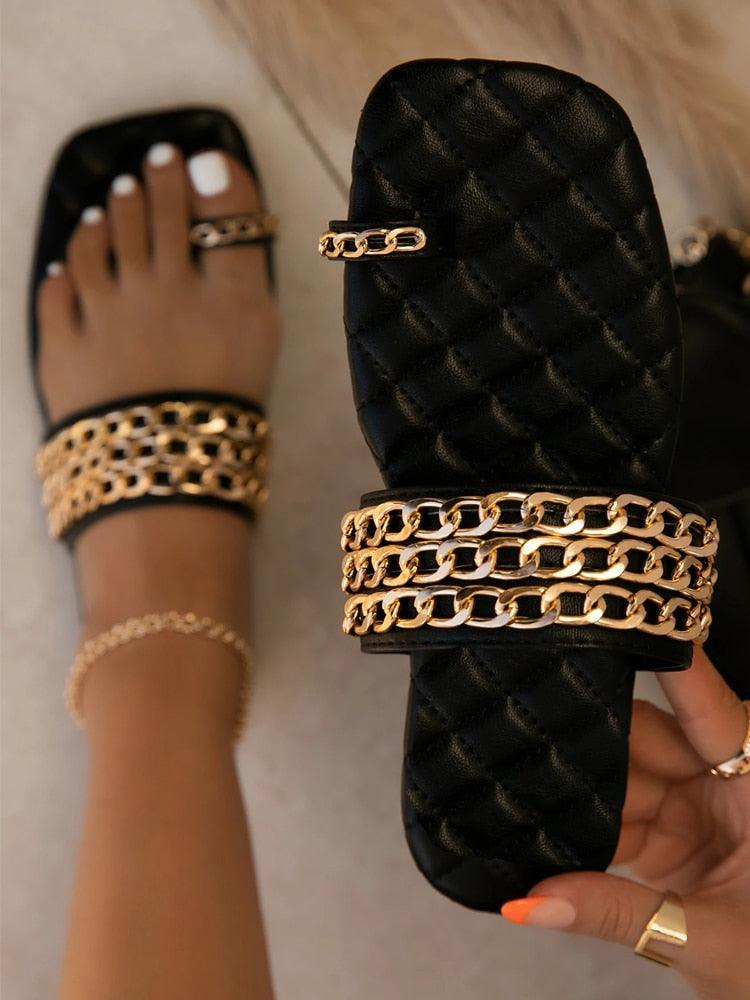 Women Summer Weave Slides Chain Decorative Flip Flops Outdoor Casual Sandals Square Heel Slippers Metal Chain Elastic Slingback Cute Flat Dressy Casual Summer Beach Sandals Stevvex