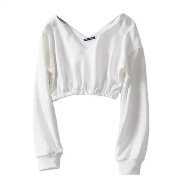 Women Sweatshirt Streetwear Hoodies Hip Pop Crop Top Female Long Sleeve Deep V Neck Pullovers Womens Sweatshirts Pullover Tops Drop Shoulder Running Activewear Casual Gym Workout Sweatshirt Stevvex