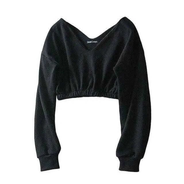 Women Sweatshirt Streetwear Hoodies Hip Pop Crop Top Female Long Sleeve Deep V Neck Pullovers Womens Sweatshirts Pullover Tops Drop Shoulder Running Activewear Casual Gym Workout Sweatshirt Stevvex