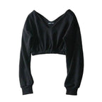Women Sweatshirt Streetwear Hoodies Hip Pop Crop Top Female Long Sleeve Deep V Neck Pullovers Womens Sweatshirts Pullover Tops Drop Shoulder Running Activewear Casual Gym Workout Sweatshirt Stevvex