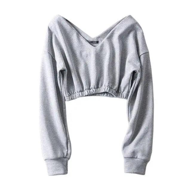 Women Sweatshirt Streetwear Hoodies Hip Pop Crop Top Female Long Sleeve Deep V Neck Pullovers Womens Sweatshirts Pullover Tops Drop Shoulder Running Activewear Casual Gym Workout Sweatshirt Stevvex
