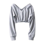 Women Sweatshirt Streetwear Hoodies Hip Pop Crop Top Female Long Sleeve Deep V Neck Pullovers Womens Sweatshirts Pullover Tops Drop Shoulder Running Activewear Casual Gym Workout Sweatshirt Stevvex
