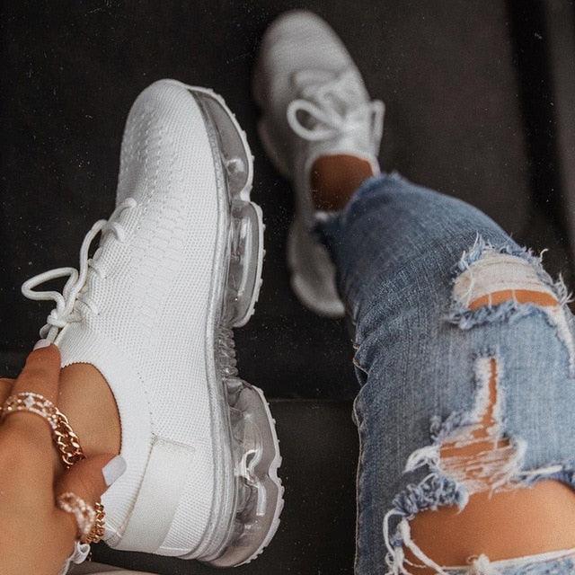 Women Trendy Sneakers Fashion Cushion Lace Up Running Sport Sneakers Outdoor Sport Shoes Spring Summer Couple Cushion Flats Training Running Breathable Sneakers Stevvex