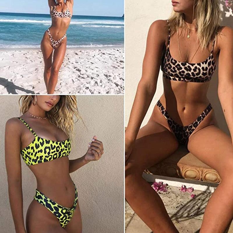 Women Wear Bikini Female Swimwear Beach Bikini Leopard Beachwear Set Women's Square Neck Wide Strap Swimsuit Cheeky Bikini Set High Waist 2 Piece Bathing Suit Bathing Suit Snakeskin Push Up Swimsuit Stevvex