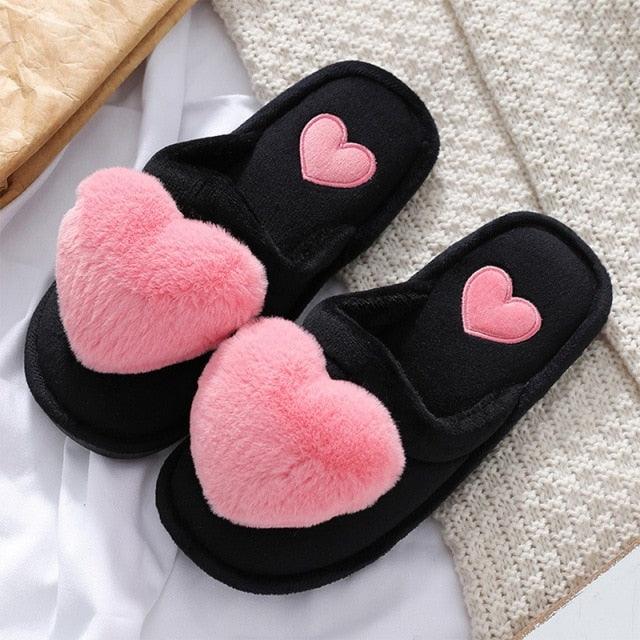 Women Winter Heart Shoes Woman Slides Plush Home Slippers Indoor House Shoes Winter Warm Fur Slippers With Embroidered Heart Details Soft And Warm House Slippers With Cushioned Insole Stevvex