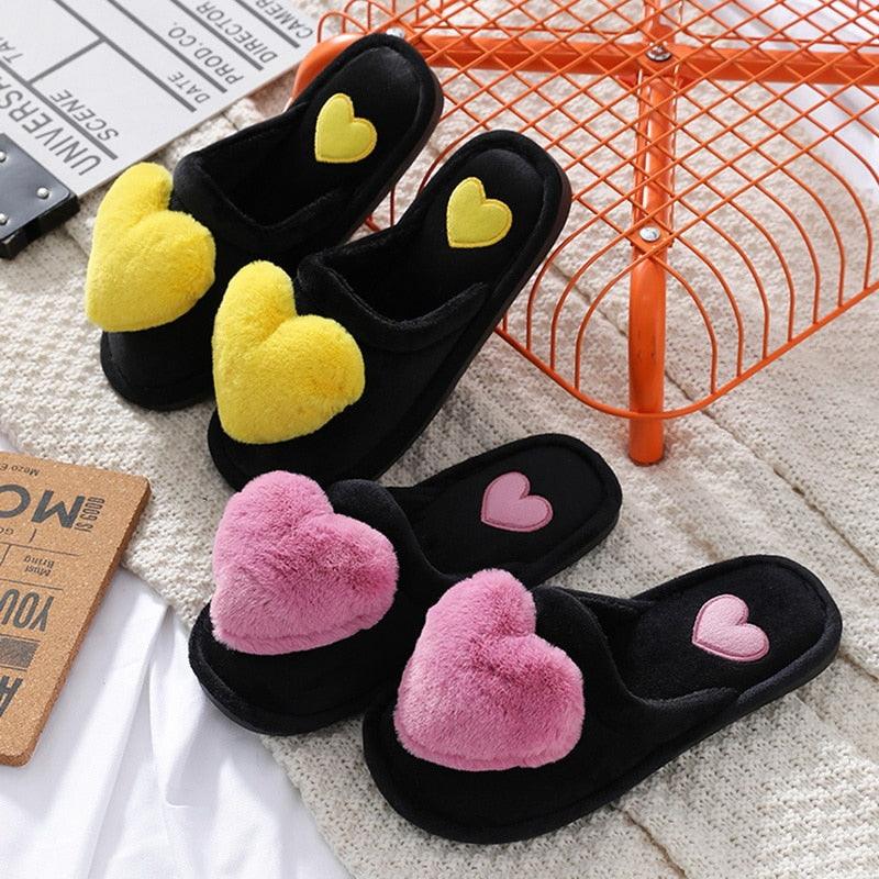 Women Winter Heart Shoes Woman Slides Plush Home Slippers Indoor House Shoes Winter Warm Fur Slippers With Embroidered Heart Details Soft And Warm House Slippers With Cushioned Insole Stevvex