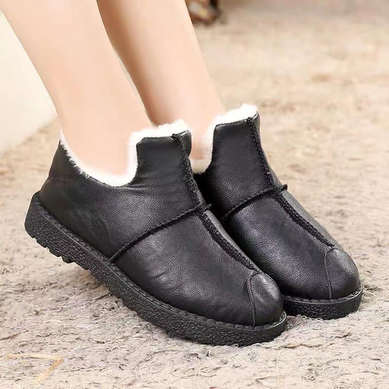 Women Winter Warm Luxury Shoes Waterproof Plush Leather Cotton Shoes Daily Home Non-slip Soft Sole Plush Lining Shoes Warm Fur Lined Booties Lace Up Flat Platform Elegant Comfortable Black Shoes Stevvex